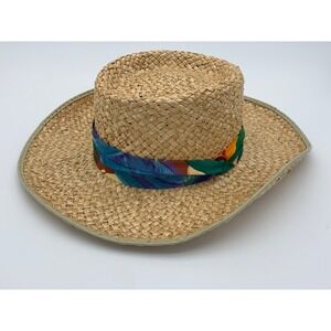 Vintage Made in USA Straw Cowboy Hat Large Western Sun Beach Hat Color Band